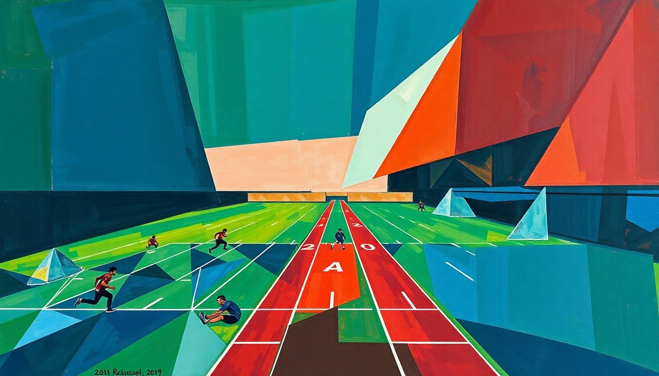 A dynamic, abstract painting featuring overlapping geometric shapes and planes in a vibrant color palette, conceptually representing the athleticism and competitive spirit of a high school track and field meet.