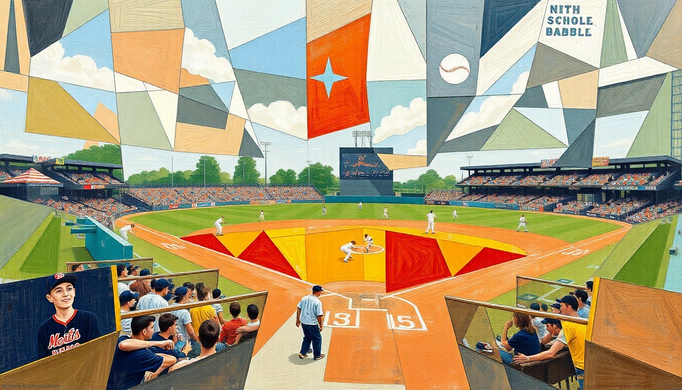 A fragmented, geometric painting depicting the action and movement of a high school baseball game, with sharp planes of color and form representing the players, field, and crowd.