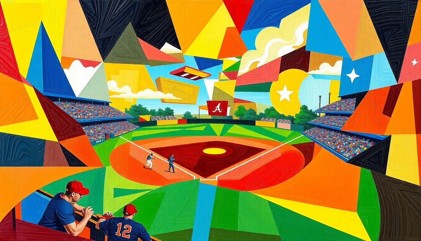 A fractured, cubist-style painting depicting the dynamic action of a high school baseball game, with sharp geometric shapes and planes in the team colors of Checotah and Spiro, conveying the energy and intensity of the matchup.