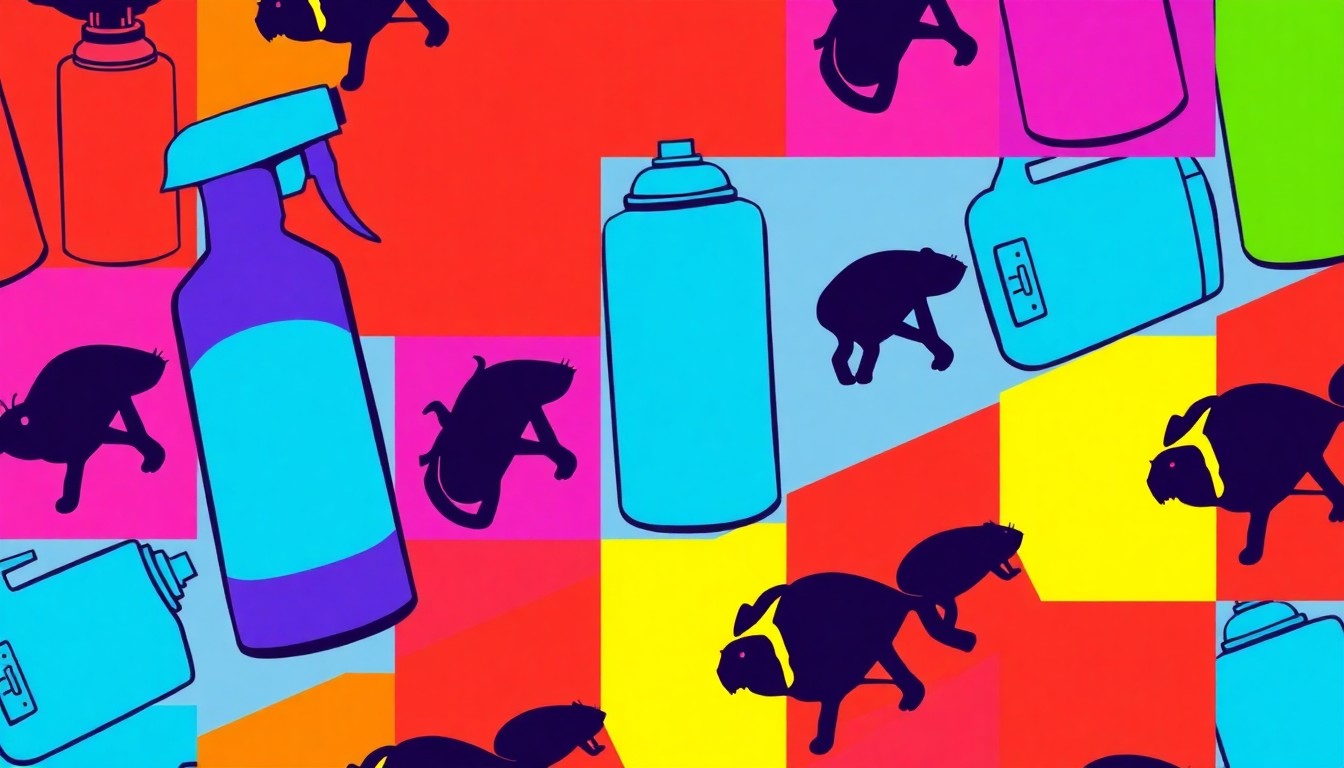 A grid of brightly colored, high-contrast silkscreen images of a single pest control object, such as a bug spray can or rodent trap, conceptually representing the diverse tools used to combat pests in the Largo community.