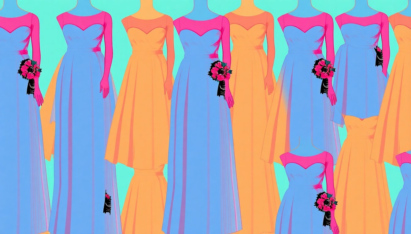 A brightly colored, high-contrast silkscreen print of prom fashion items like a dress, corsage, and boutonniere repeated in a tight grid pattern, capturing the celebratory energy of a high school prom.