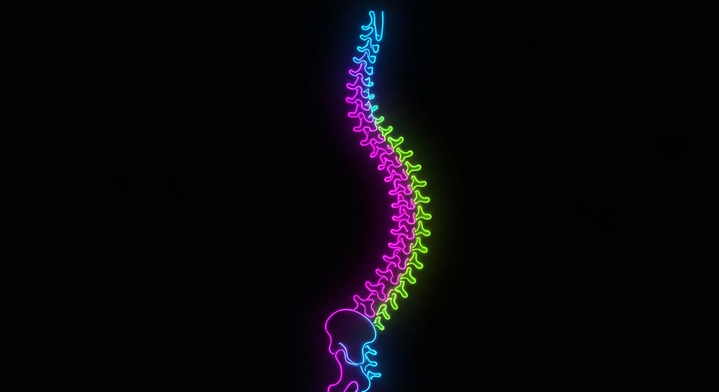 A glowing neon outline of a human spine against a dark background, conceptually representing the chiropractic focus on the musculoskeletal system.