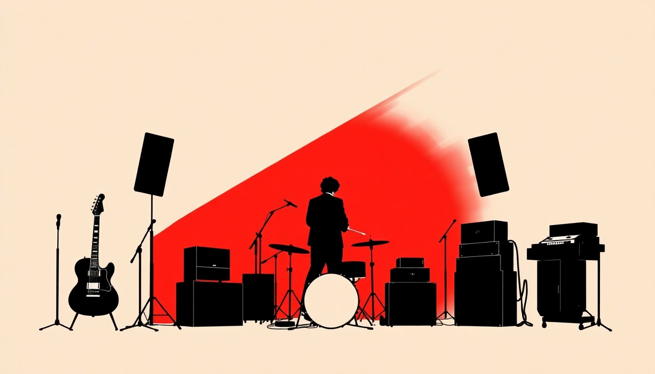 A minimalist, graphic poster design featuring bold black silhouettes of musical instruments and recording equipment against a vibrant red background, conveying the creative energy and influence of legendary music producer Peter Asher.