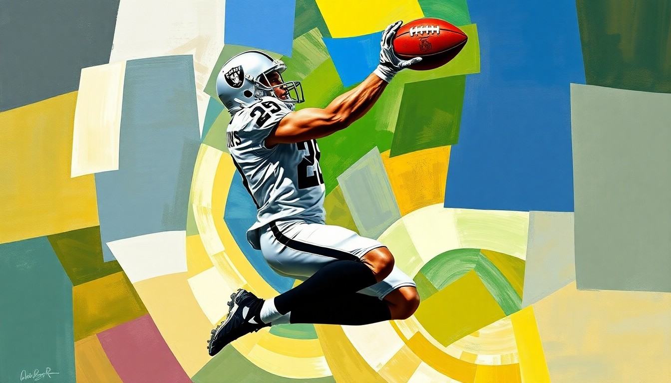 A cubist-style painting depicting a tight end catching a football in mid-air, with the player's body broken down into sharp, overlapping geometric shapes in the Raiders' silver and black colors.
