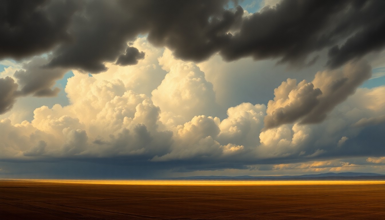 A sweeping, majestic landscape painting in muted tones of grey, blue, and green, with a turbulent, stormy sky dominating the frame and dwarfing the flat, open expanse of land below, conveying the overwhelming scale and power of the natural world.