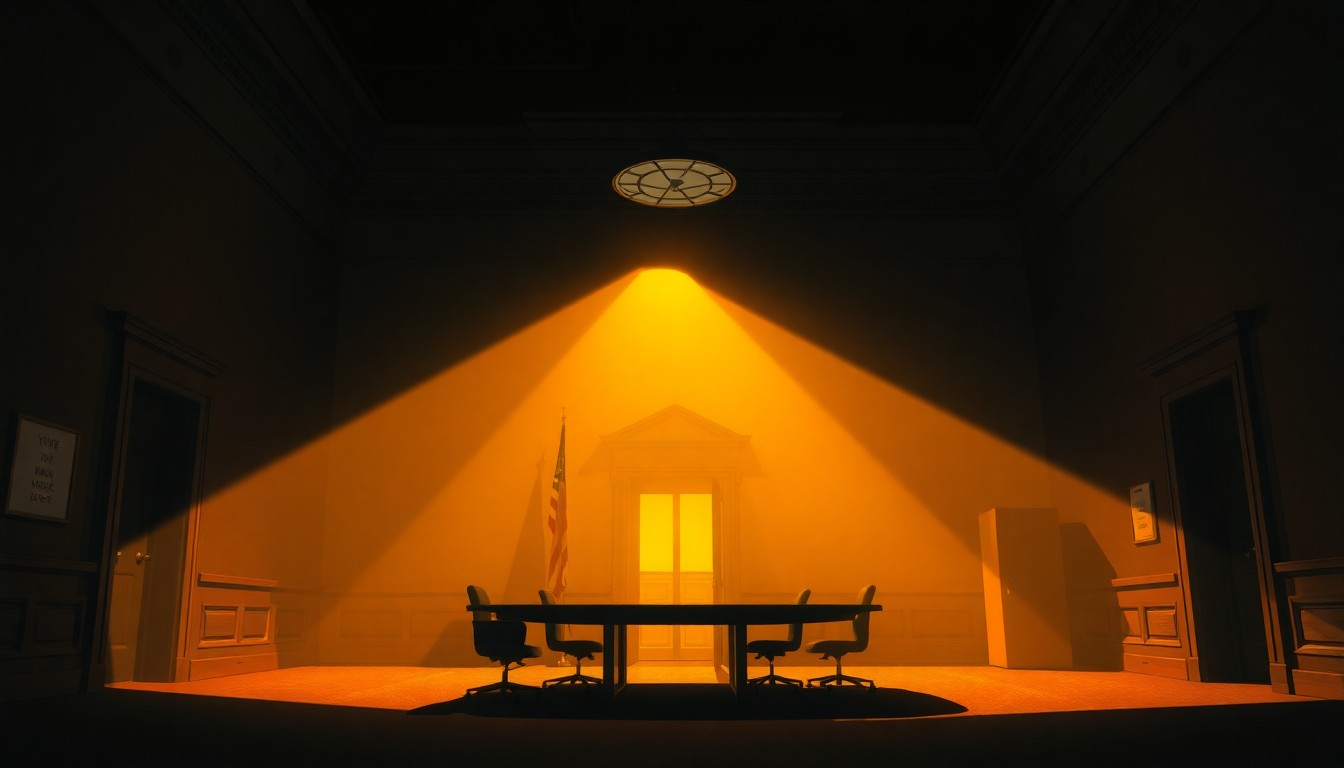 A dimly lit, cinematic painting of an empty city hall office, with warm light streaming in through the windows and deep shadows cast across the room, conveying a sense of political unease and disarray.