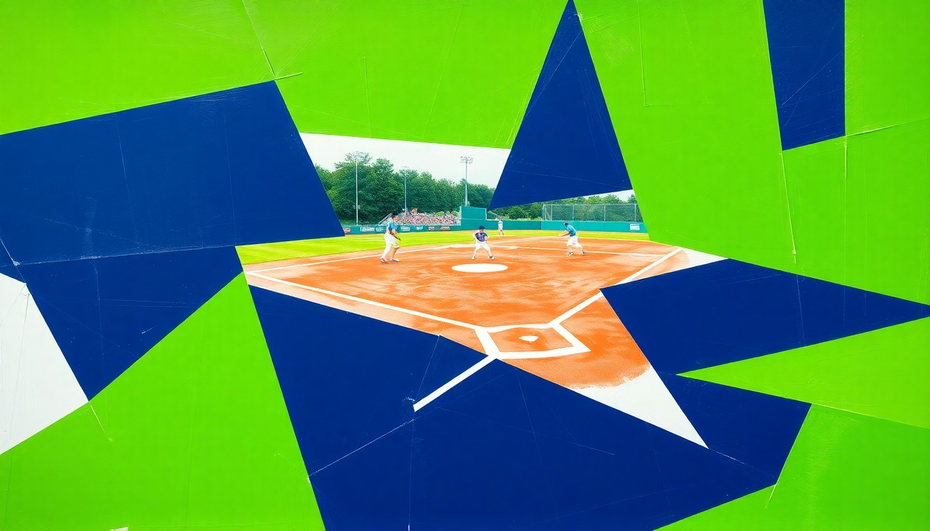 A cubist, geometric painting depicting the dynamic action of a high school softball game, with overlapping planes of green, blue, and white representing the players, field, and equipment.