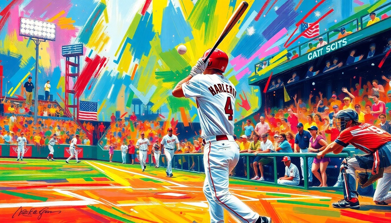 An abstract, energetic painting featuring bold brushstrokes in neon shades of blue, orange, and green, capturing the raw power and emotion of a walk-off home run in a college baseball game.