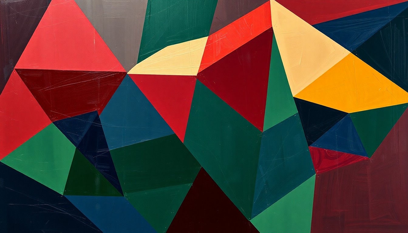A cubist-style painting depicting a fragmented, geometric representation of a high school basketball game, with overlapping planes of deep burgundy, navy blue, and forest green colors conveying a sense of transition and change.