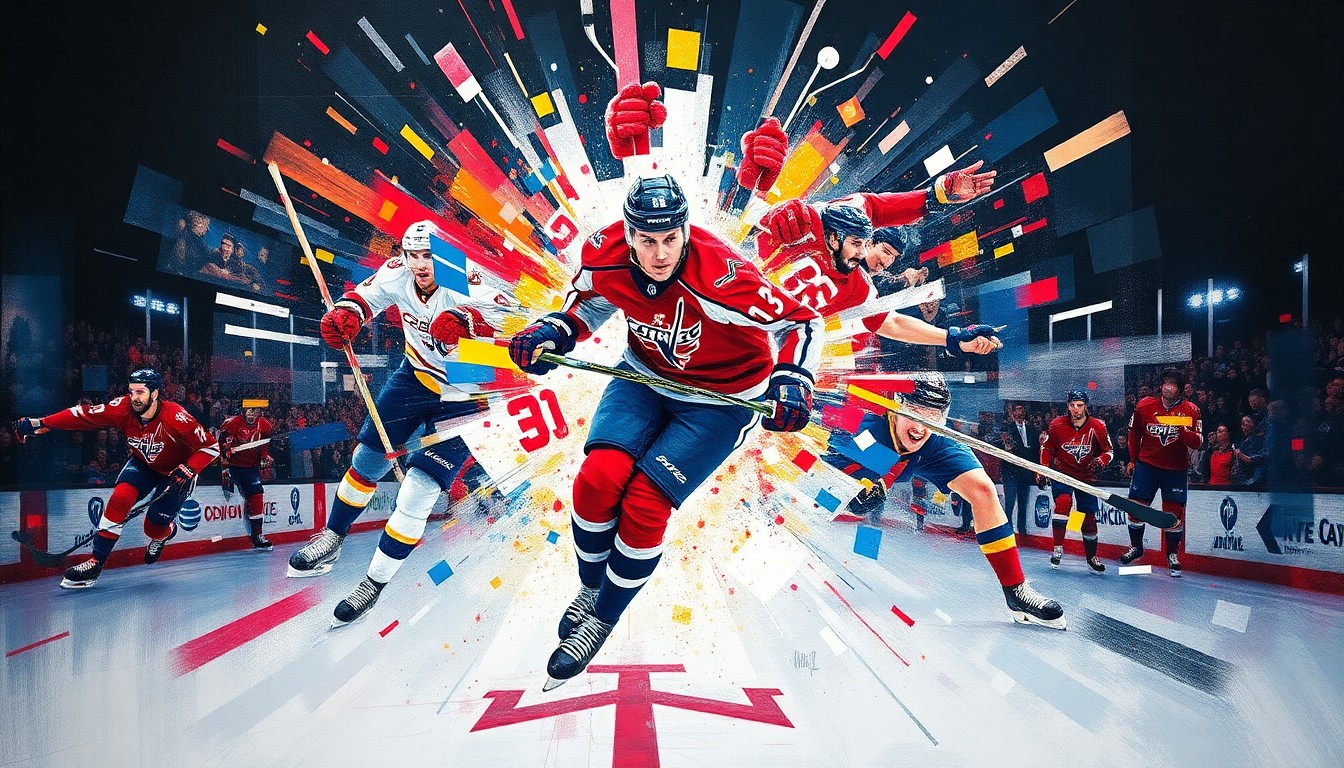 A fractured, multi-perspective painting in vibrant colors that captures the raw athleticism and competitive spirit of a hockey player in motion, conceptually representing the legendary career of Alex Ovechkin as he potentially nears retirement from the NHL.