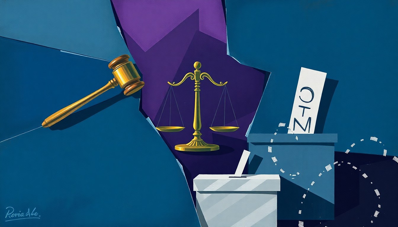 An abstract, fractured painting in shades of blue, purple, and grey depicting overlapping symbols of justice and democracy, conveying the political tensions surrounding proposed changes to the New Orleans court system.