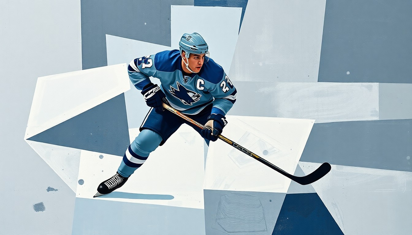 A fractured, cubist-style painting depicting the angular, geometric movements of a hockey defenseman, rendered in muted tones of blue, gray, and white to convey the strategic and analytical nature of the team's approach to Guhle's injury.
