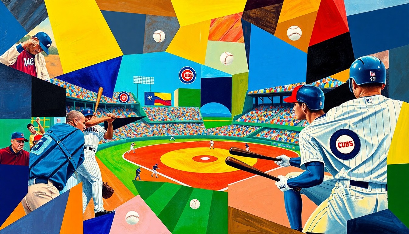A cubist, geometric painting depicting the action of a baseball game, with fragmented shapes and planes of color representing the players, bats, and baseballs in motion.