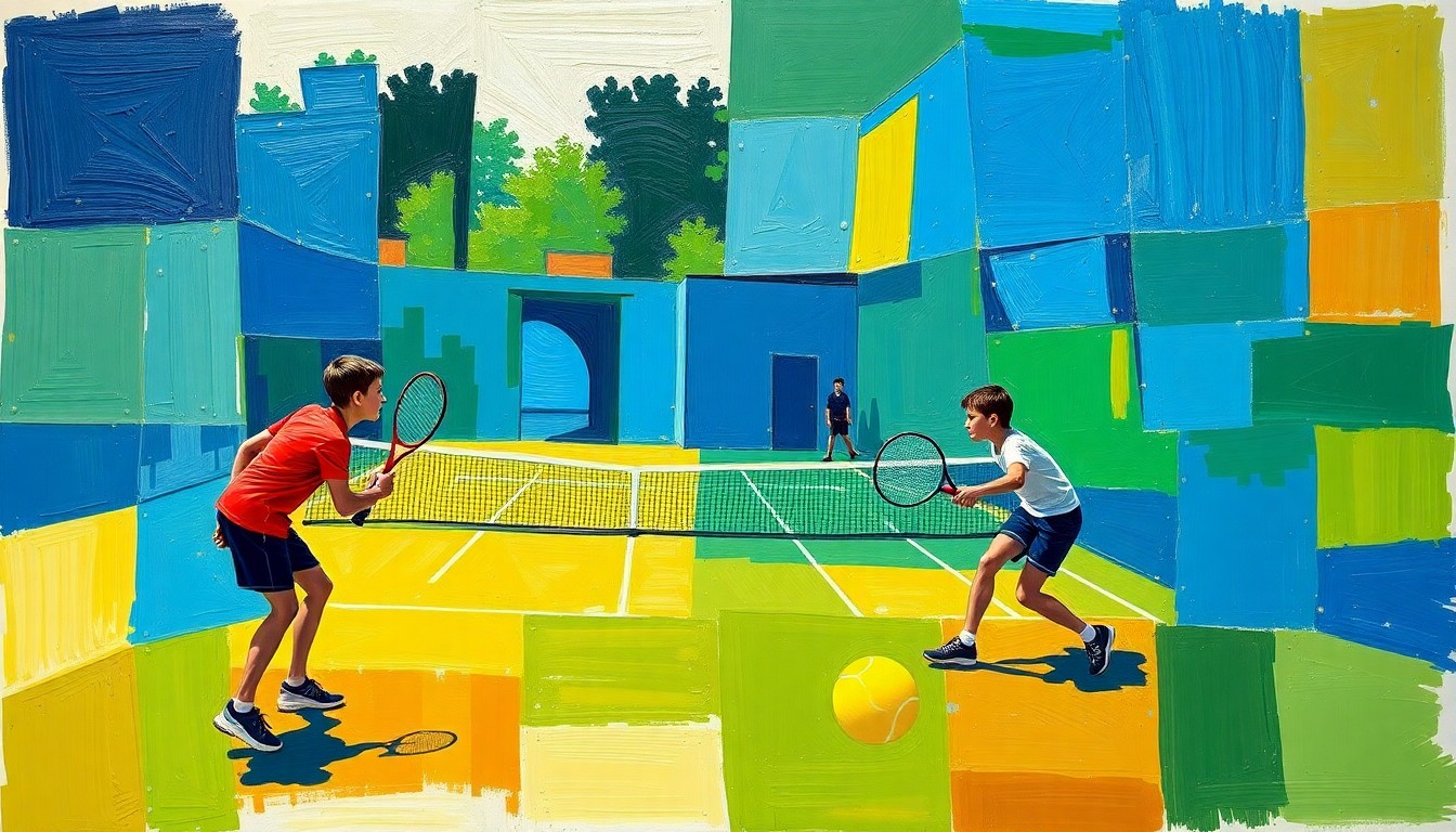 A cubist-style painting featuring sharp, overlapping geometric shapes in vibrant shades of blue, green, and yellow, conceptually representing the fast-paced action and competition of a boys tennis match.