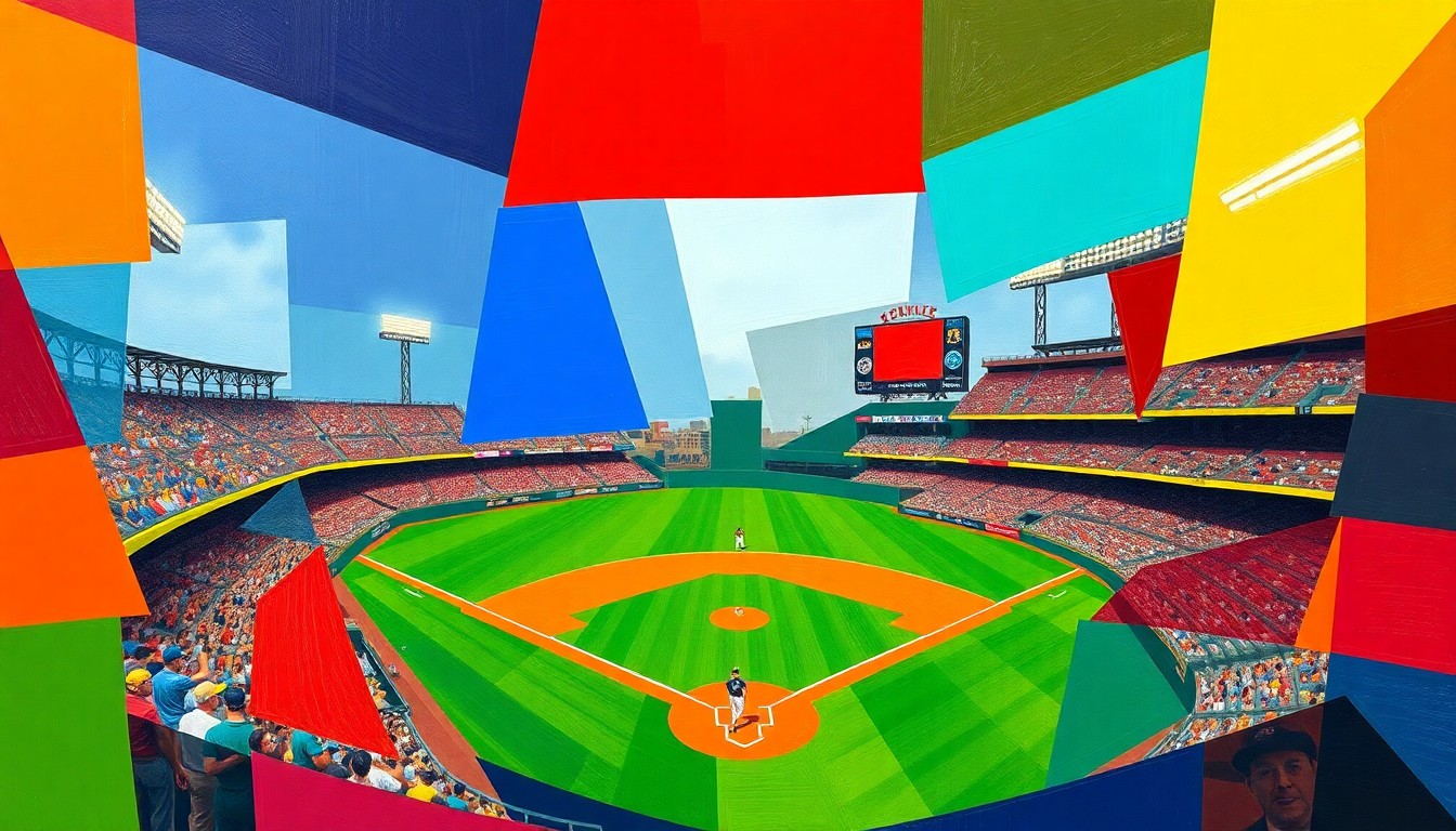 A fragmented, geometric painting in bold primary colors representing the dynamic action and competing perspectives of a college baseball game.
