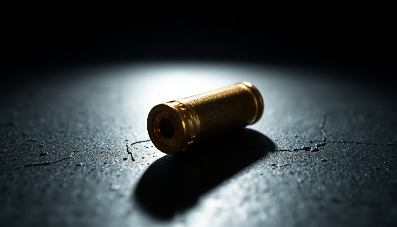 An extreme close-up photograph of a spent bullet casing on a dark, textured surface, lit by a harsh, direct camera flash, conceptually representing the aftermath of a shooting incident.