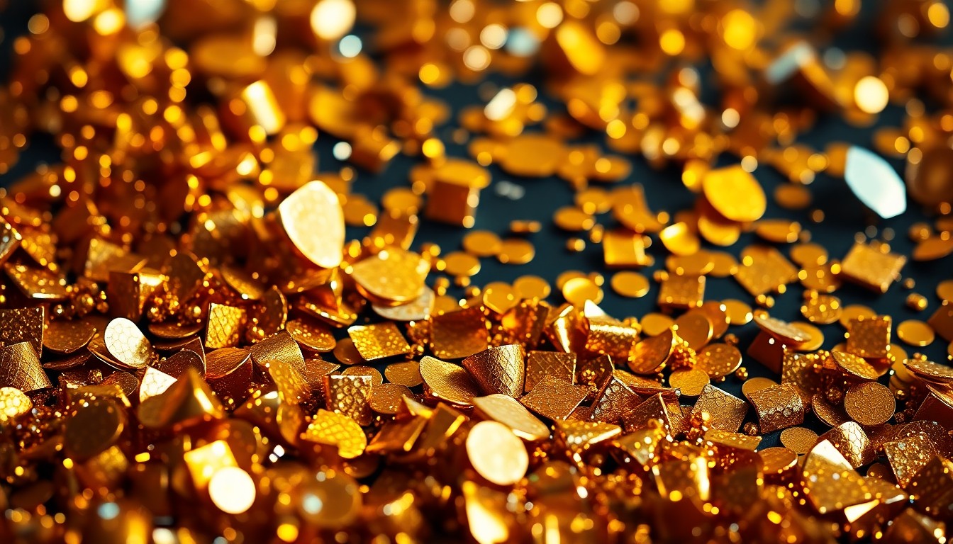 An extreme close-up photograph of shimmering gold sequins and glittering disco ball fragments, capturing the glamour and energy of a jazz music festival.