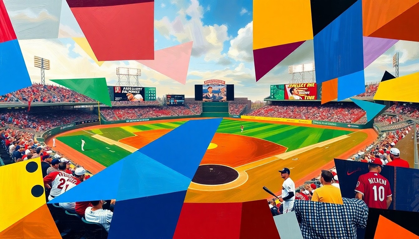 A fragmented, geometric painting in bold team colors depicting the dynamic motion and competition of a college baseball game.