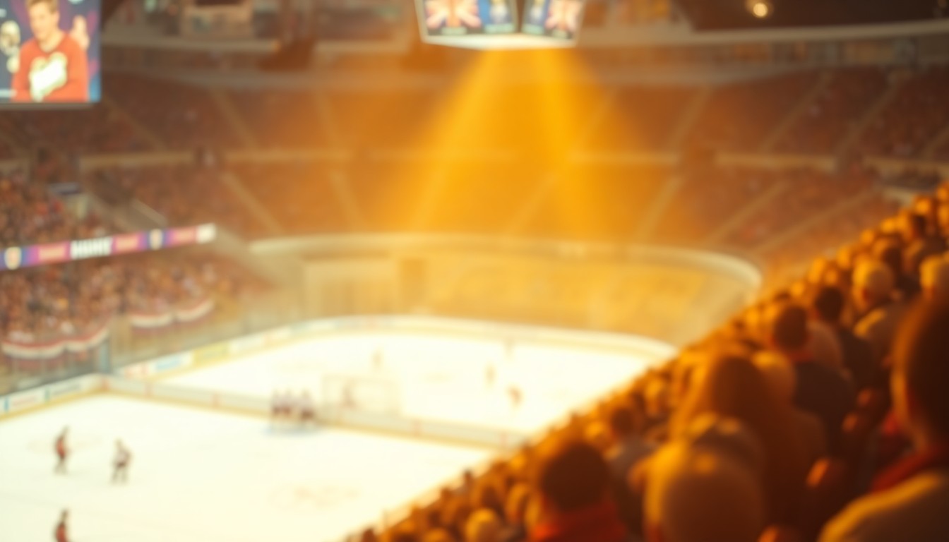 A blurred, atmospheric photograph in soft, warm tones depicting a crowd of hockey fans in the stands, with the ice rink and players visible in the background, conveying a sense of inclusive community and sensory-friendly atmosphere.