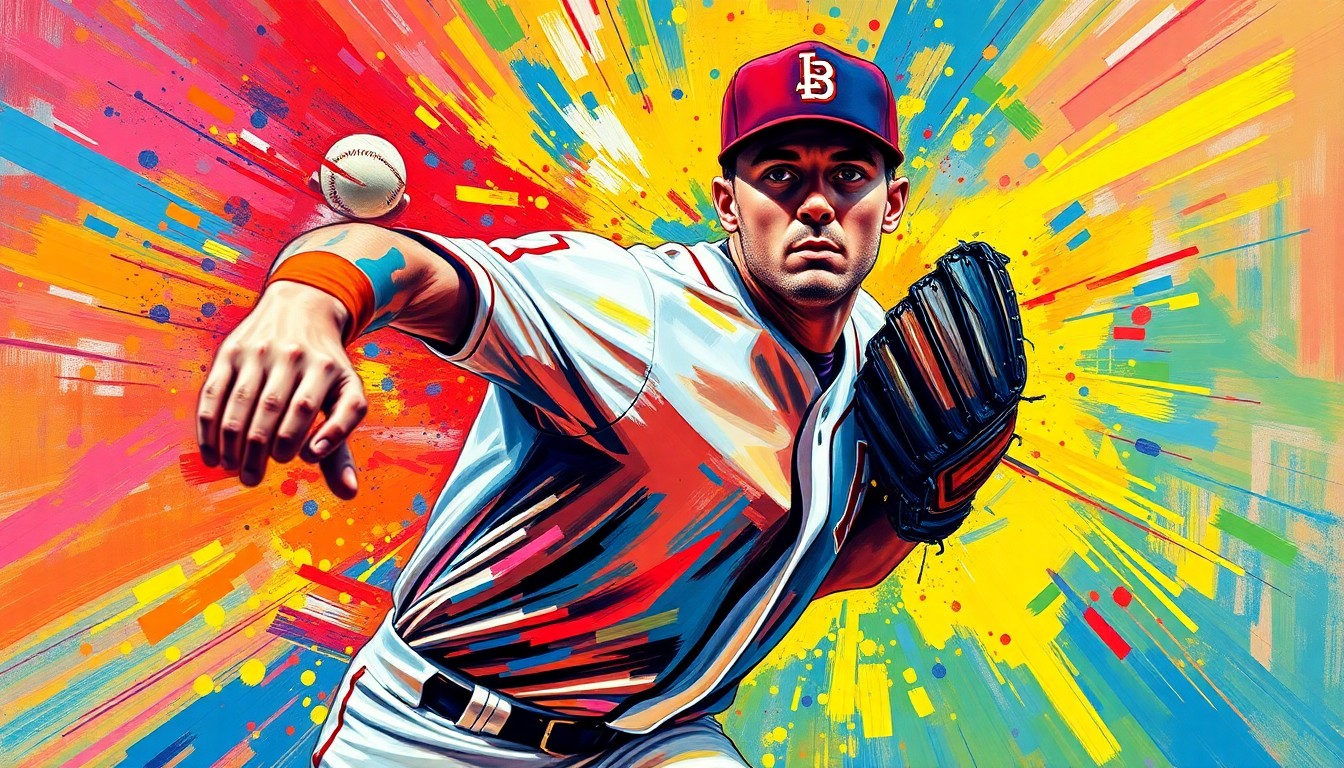 An extreme close-up of a baseball pitcher's torso and throwing arm, captured in a vibrant, expressionist style with rapid brushstrokes and neon colors, conveying the raw energy and power of the pitching motion.
