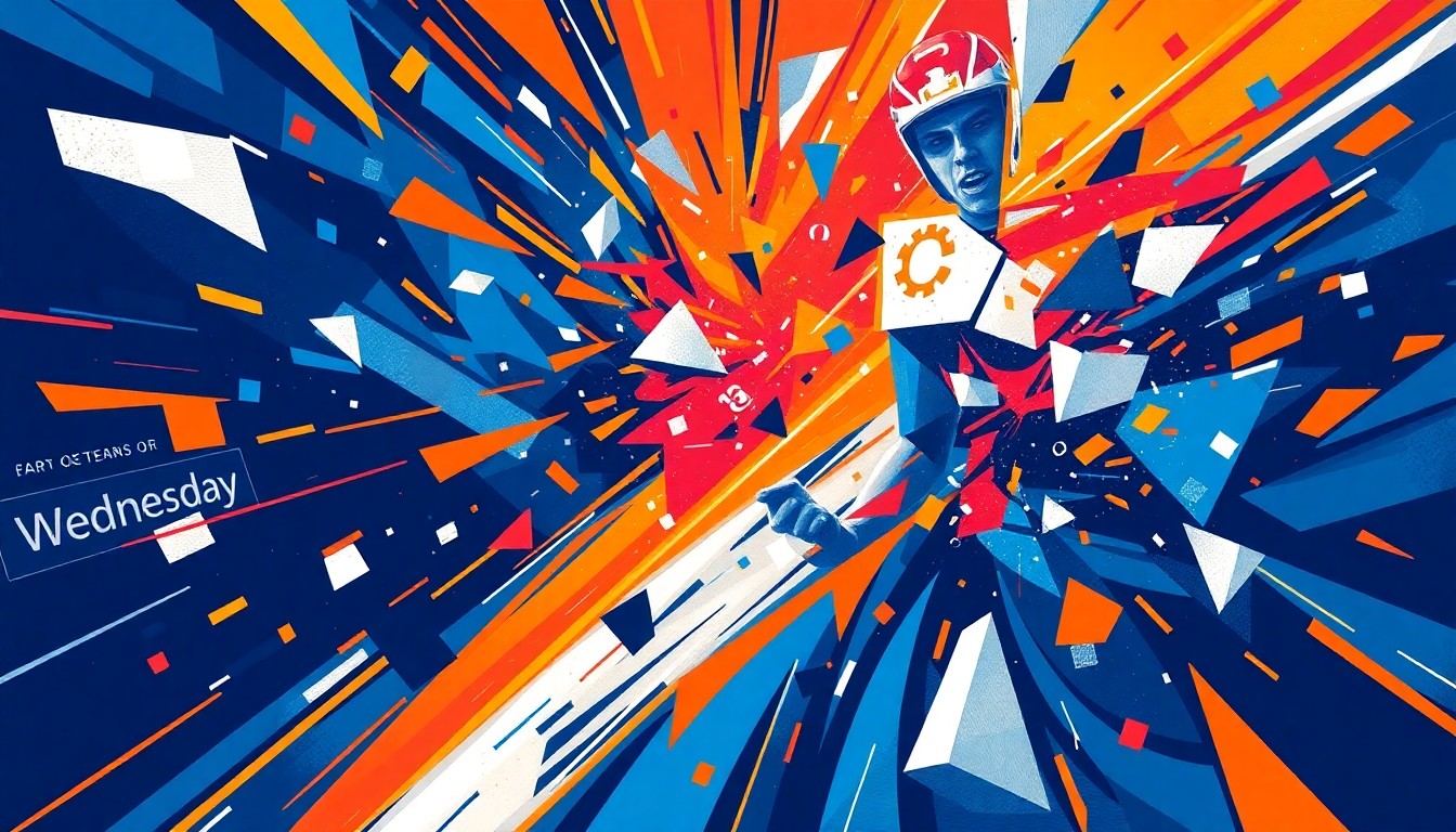 A fragmented, multi-perspective painting in the style of Pablo Picasso, breaking down sports games, matches, and competition into sharp, overlapping geometric planes in vibrant colors like electric blue, fiery orange, and metallic silver, conceptually representing the fast-paced, multi-faceted nature of sports betting.