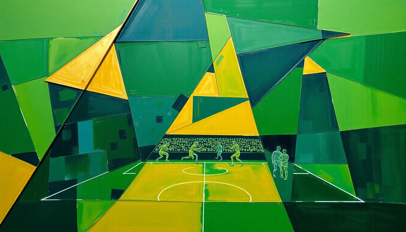 A fractured, geometric painting depicting a football game or match, with sharp planes of green, gold, and navy blue overlapping to create a dynamic, abstract composition.