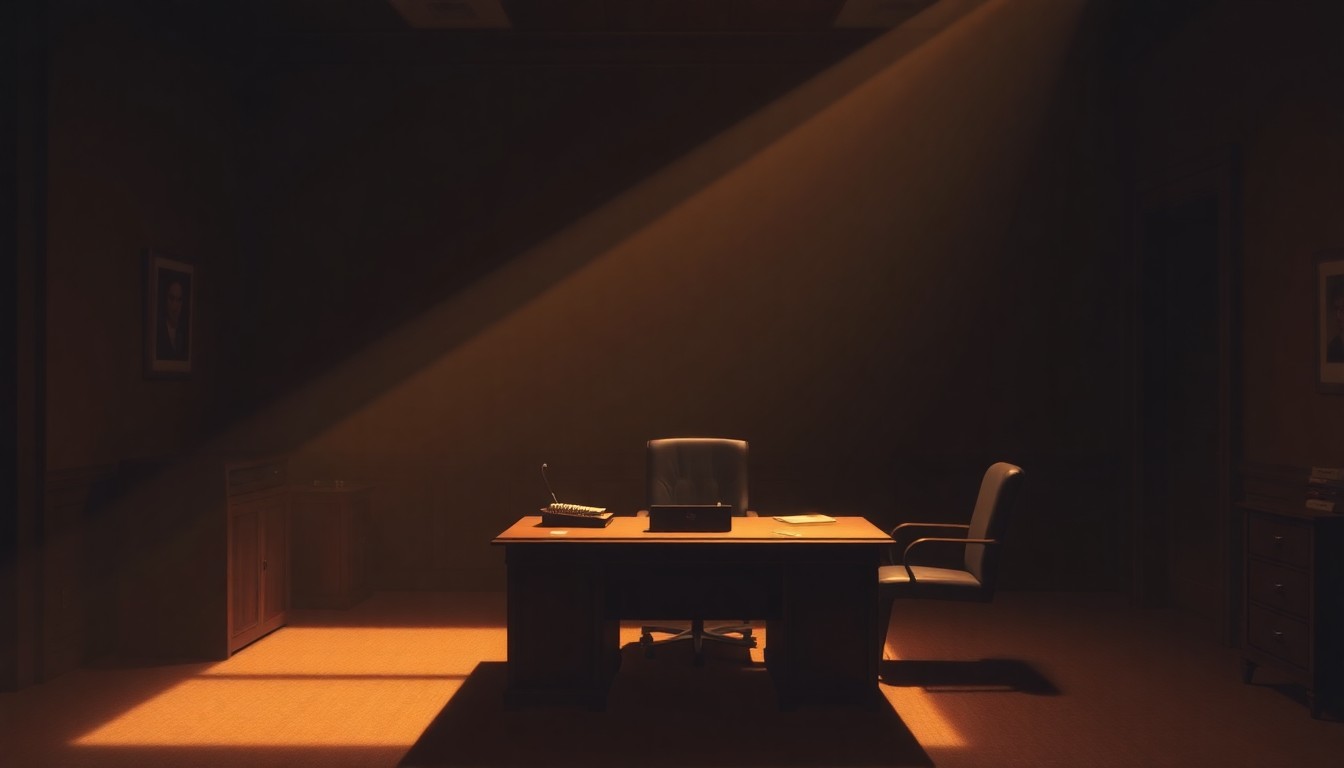 A dimly lit, cinematic painting of a politician's desk in an office, with warm sunlight streaming in through a window and deep shadows across the room, conveying a sense of solitude and contemplation.