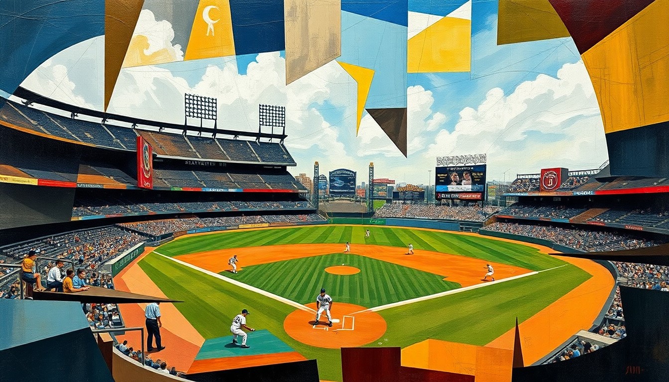 A cubist-style painting depicting a baseball game broken down into sharp, overlapping geometric planes of color, with players, field, and stadium elements abstracted into angular, fragmented shapes.