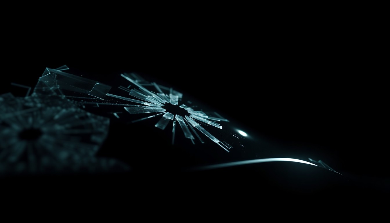 An extreme close-up photograph of a shattered car windshield or broken car sensor, lit by a harsh, direct camera flash against a pitch-black background, conceptually illustrating the aftermath of a tragic impaired driving incident.