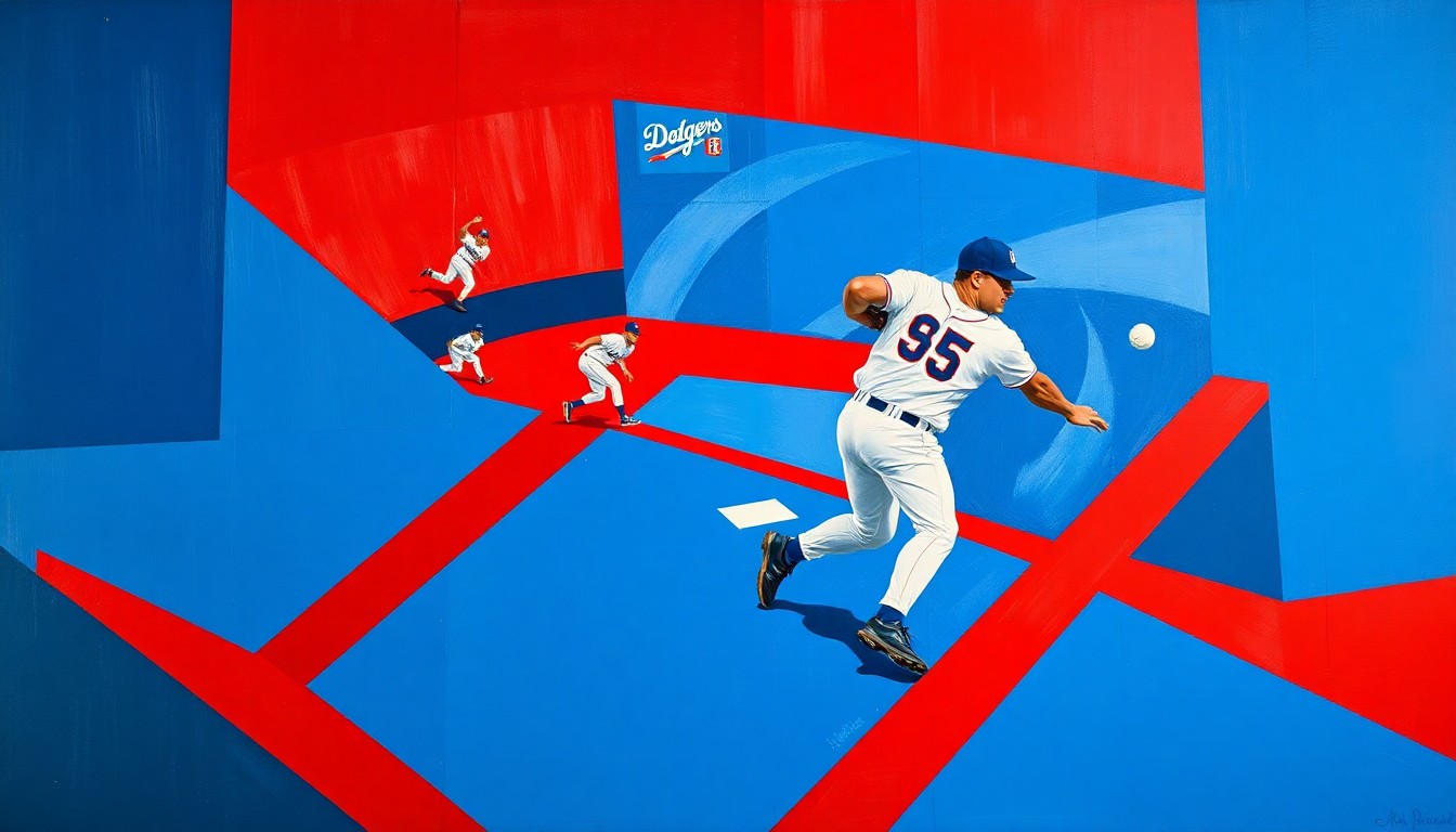 A fractured, cubist-style painting depicting the dynamic movements and overlapping perspectives of a baseball player stealing a base, with the Dodgers' infield players represented as fragmented geometric shapes in the team's signature colors.