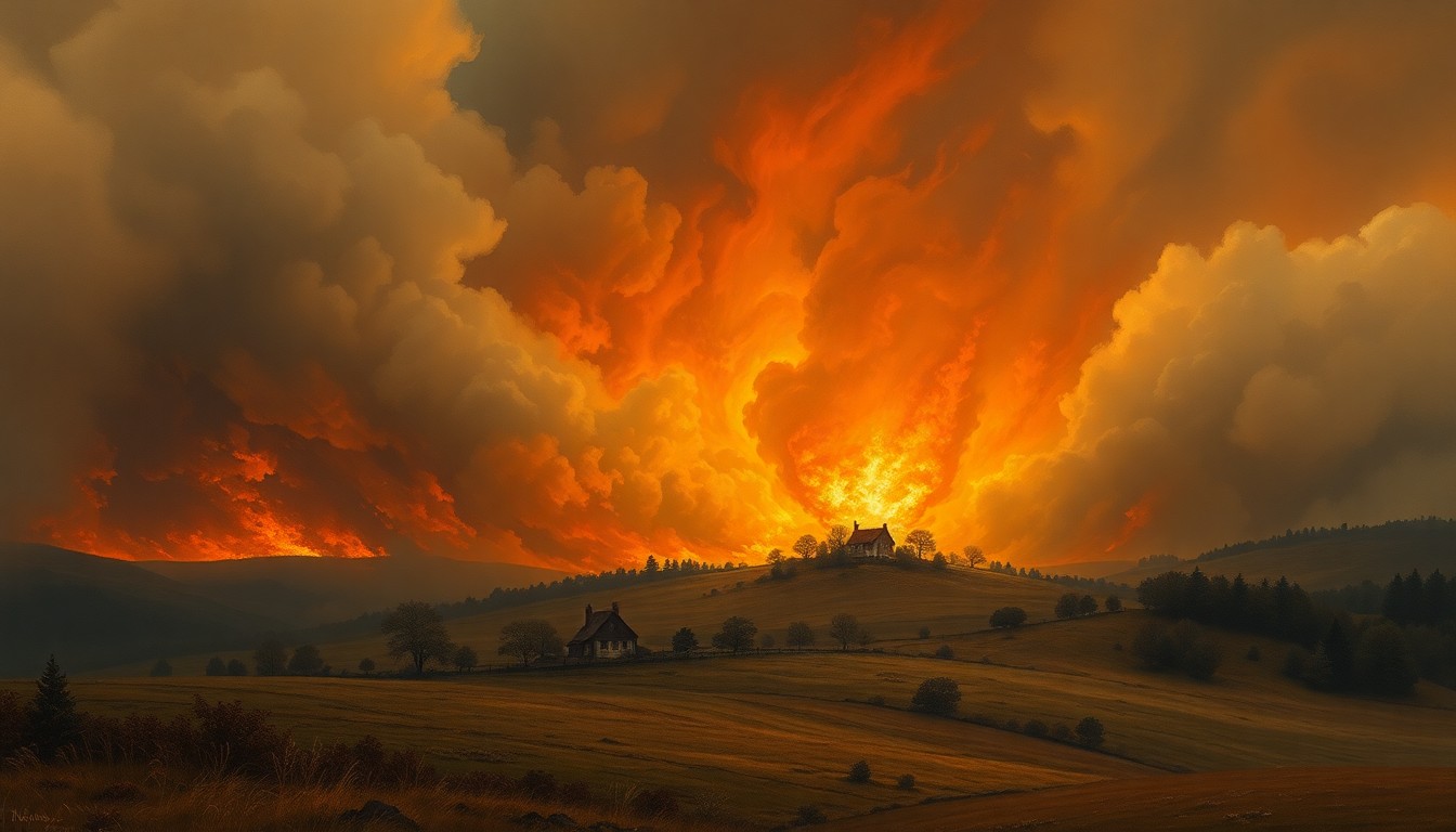 A sweeping, atmospheric landscape painting depicting a small house engulfed in flames, with billowing smoke obscuring the surrounding countryside and emphasizing the overwhelming scale of the natural disaster.