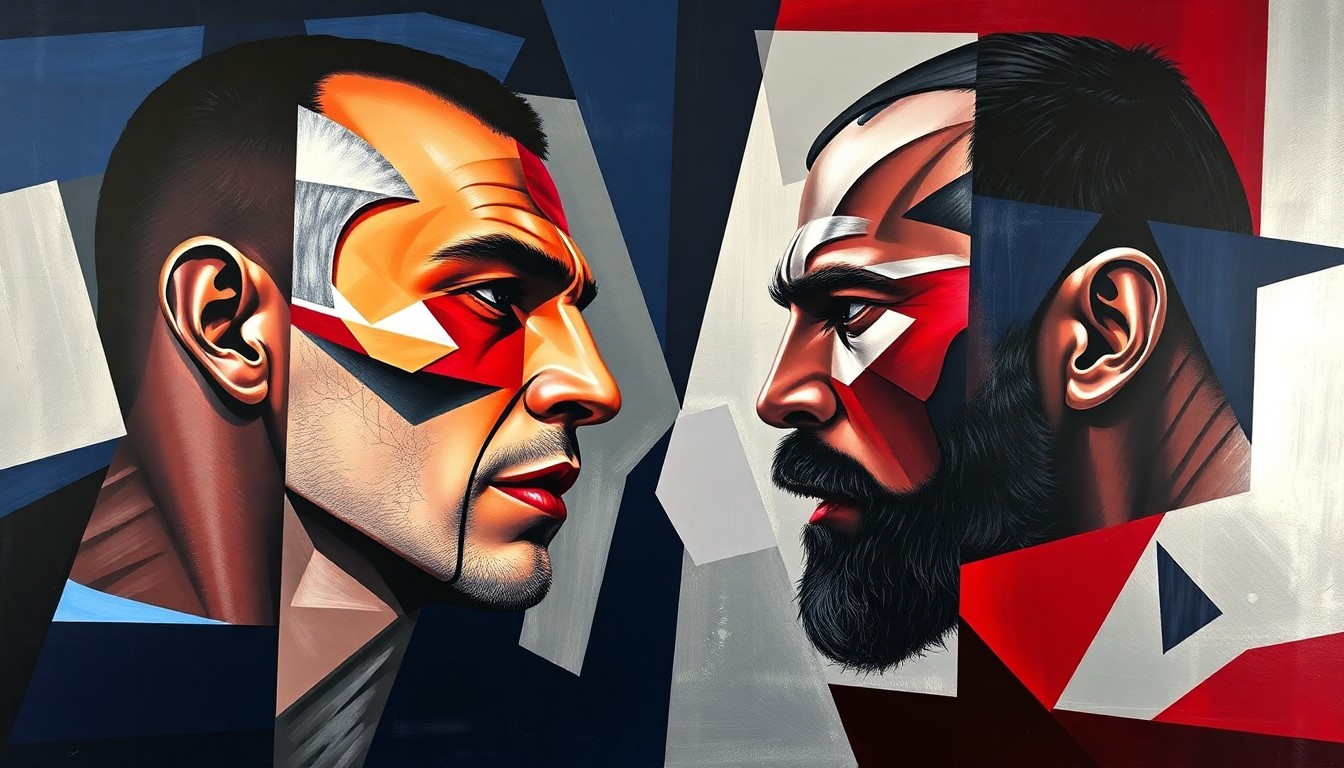 A fractured, cubist-style painting depicting the dynamic movements and clashing energies of a UFC fight, with sharp geometric planes in navy, red, and silver representing the intensity of the matchup between Nate Landwehr and Cub Swanson.