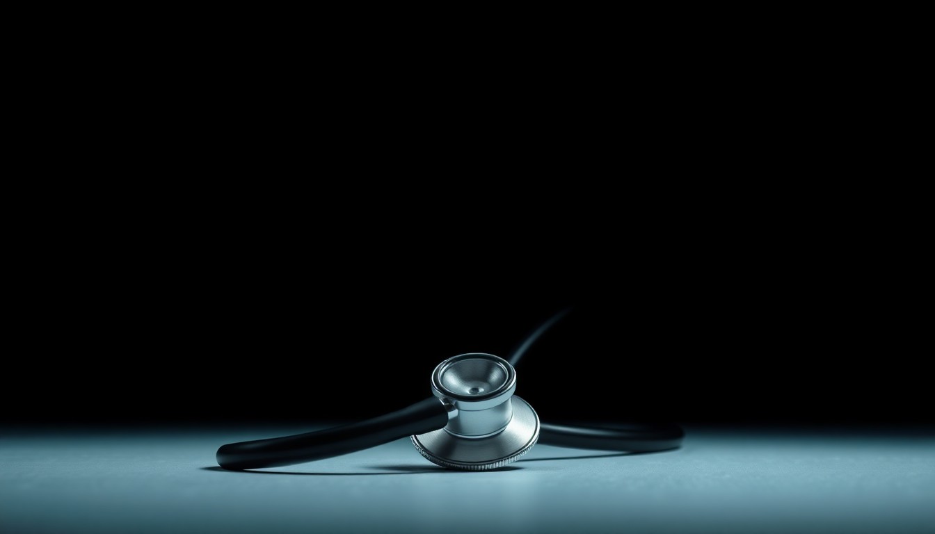 An extreme close-up of a medical stethoscoscope against a dark background, lit by a harsh flash to create a stark, gritty, and unsettling image that conceptually represents the violation of patient trust.