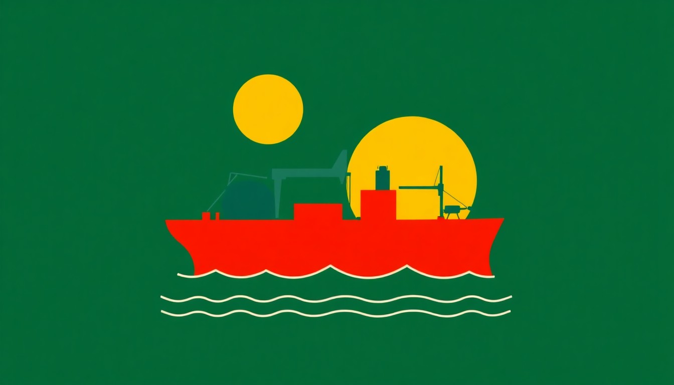 A composition of overlapping triangles and rectangles in shades of blue, red, and yellow, conceptually representing the volatility and disruption in global oil markets.