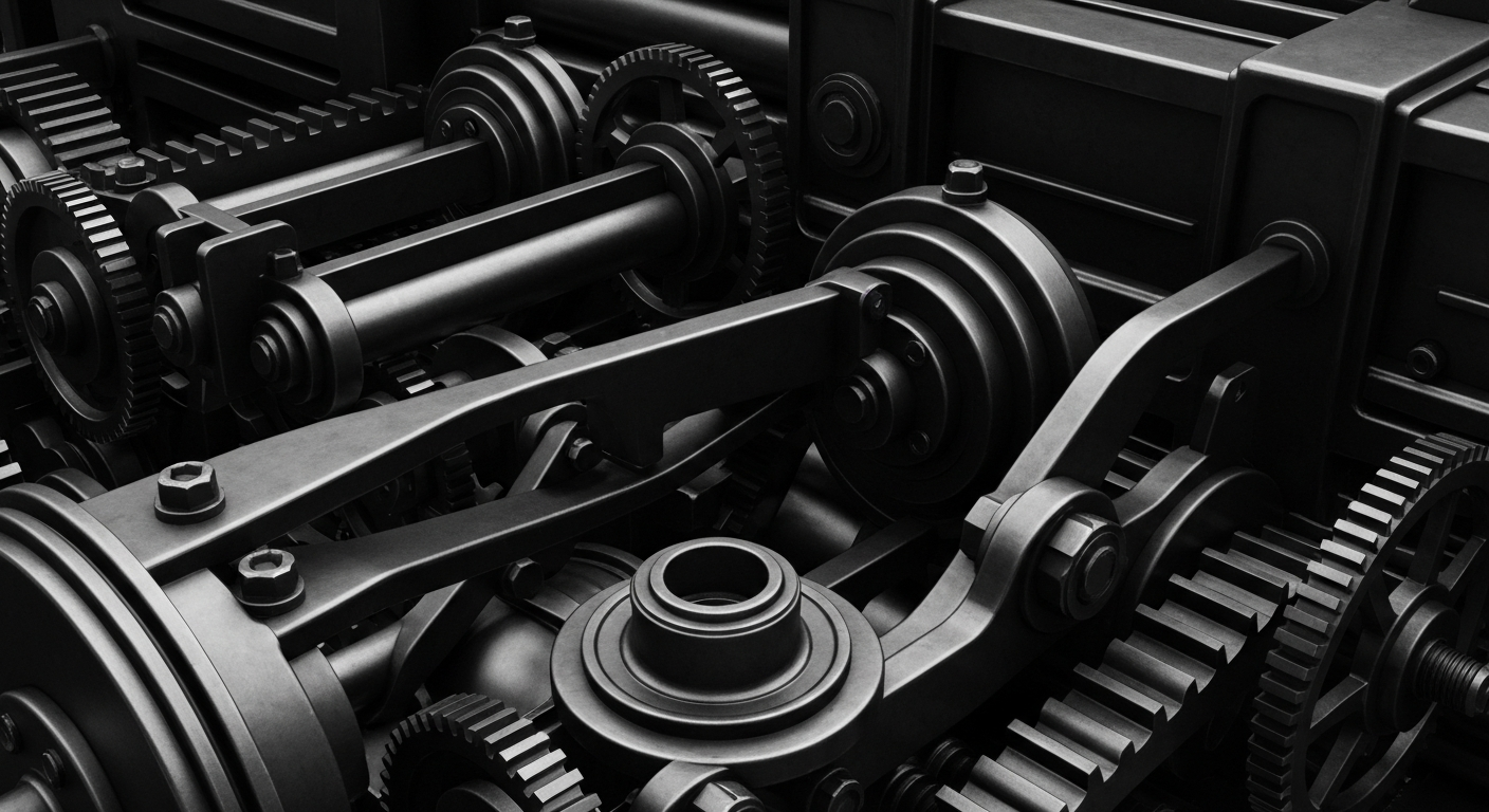 A high-contrast, close-up image of the intricate inner workings of a heavy banking machine, with gears, levers, and mechanisms filling the frame to symbolize the complex financial infrastructure underlying Medicare planning and retirement security.