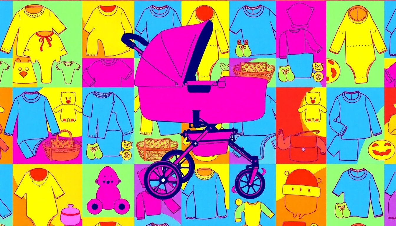 A bold, colorful silkscreen illustration featuring a repeated pattern of baby strollers, clothing, and toys in a grid, capturing the energy and variety of the One Week Boutique consignment sale.
