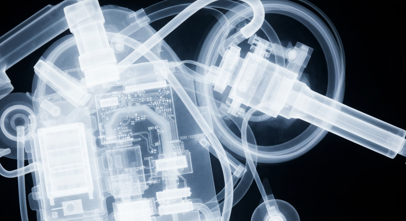 An extreme close-up X-ray photograph revealing the intricate internal components of a medical device, glowing with an ethereal, ghostly quality against a dark background, conceptually illustrating the importance of regulatory oversight and industry standards for patient safety.