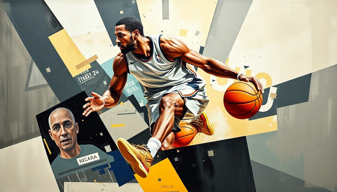 A cubist-style painting featuring overlapping geometric shapes and planes in shades of blue, orange, and green, conceptually representing the fragmented motion and injury of a basketball player.