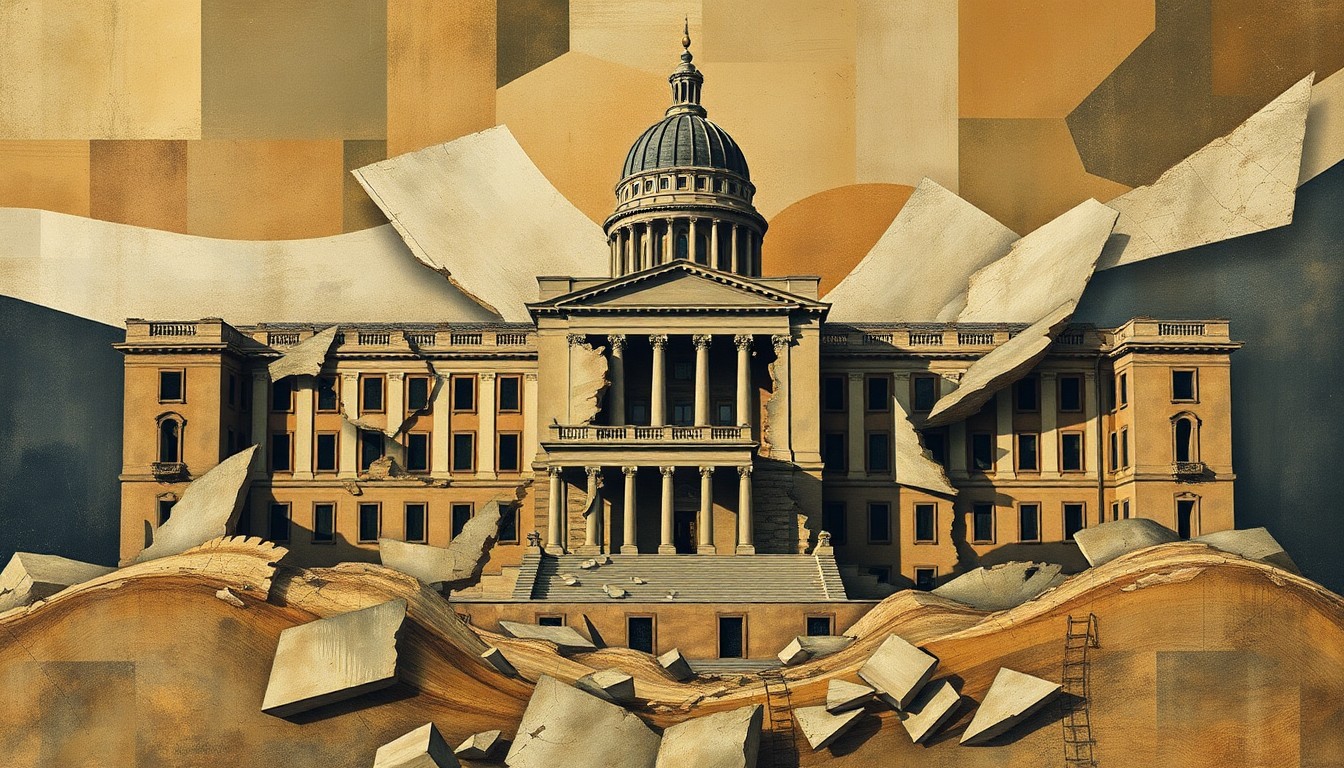 A surreal, fragmented painting depicting the crumbling of a government institution, with overlapping geometric shapes and waves of muted, earthy colors, conveying a sense of political instability and decay.