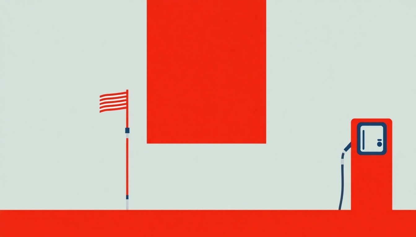 A vibrant abstract illustration using bold geometric shapes and primary colors to conceptually represent the economic impact of rising gas prices and the state's response through a temporary tax suspension.