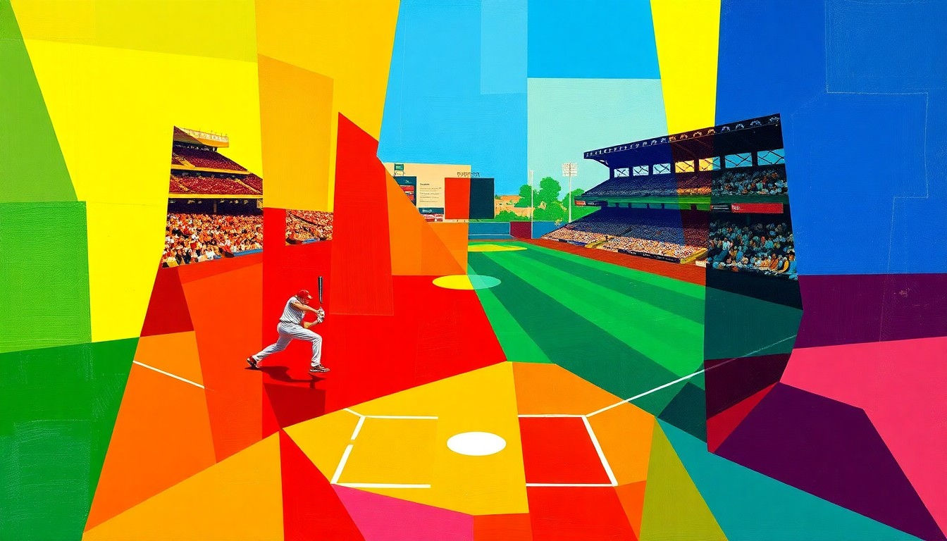 A cubist, geometric painting depicting a softball game broken down into overlapping planes of bright red, blue, and yellow, conveying the dynamic energy and determination of the North Plainfield team's comeback win.