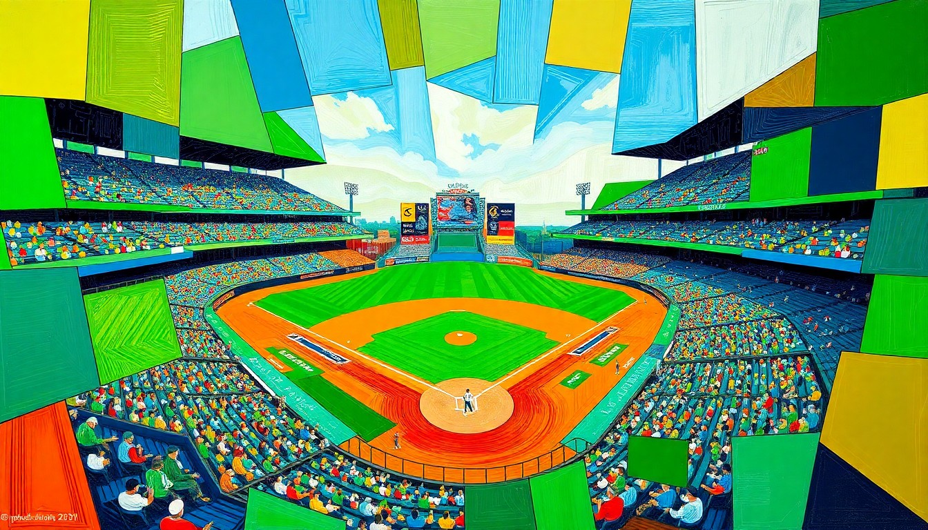A cubist-style painting featuring fragmented, overlapping geometric shapes in vibrant colors, capturing the dynamic action and energy of a baseball game.