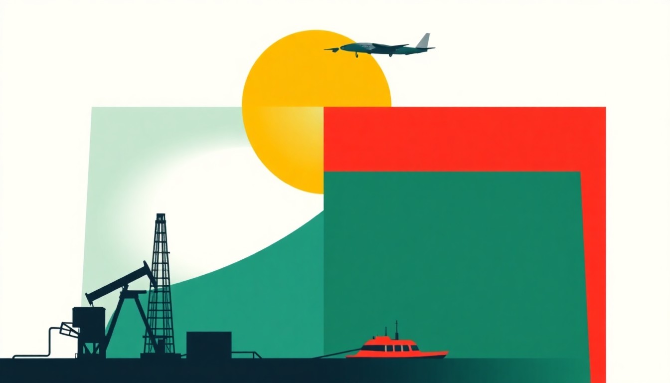 A minimalist abstract illustration using geometric shapes and primary colors to conceptually represent the growth and economic impact of North Dakota's oil and gas industry over the past 75 years.