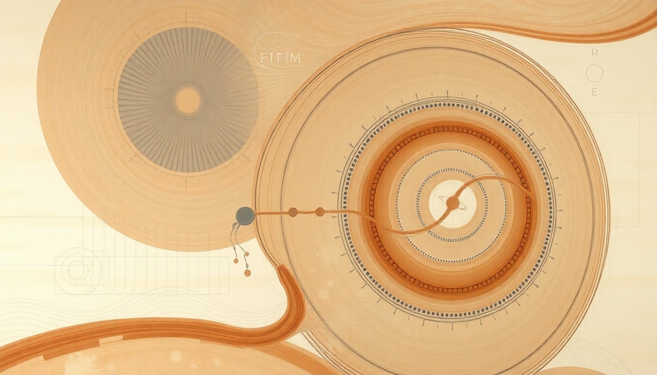 A bold, abstract painting in muted earth tones depicting intricate cellular structures, intersecting waveforms, and precise biological spirals, conceptually representing the complex mechanisms that regulate stem cell identity and differentiation.