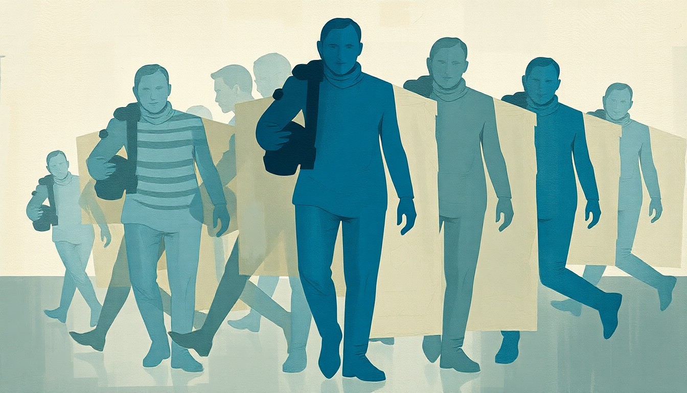 An abstract, fragmented painting in muted blue, grey, and brown tones, depicting an overlapping, geometric figure representing an immigrant, conveying a sense of motion and uncertainty.