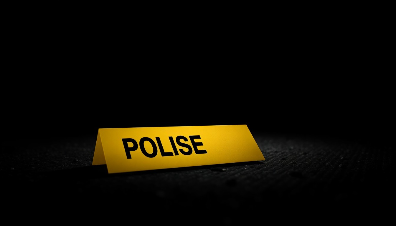 An extreme close-up photograph of a police evidence marker on the ground, capturing the stark, gritty details of a crime scene investigation.