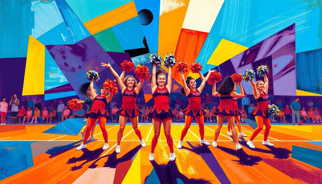 A fragmented, geometric painting depicting the energy and motion of a college cheer competition, with overlapping planes of color and movement.