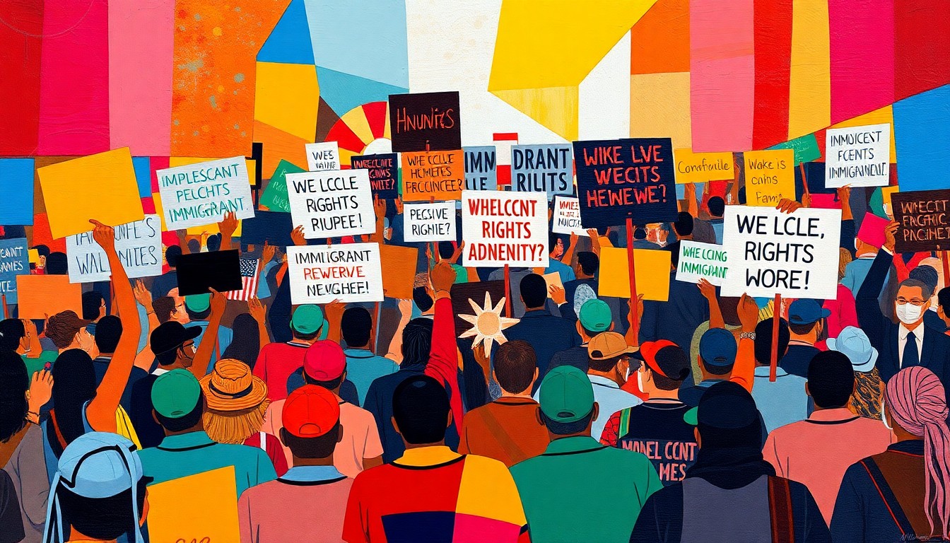 A vibrant, abstract painting in overlapping waves of bright red, orange, and blue, conveying the passionate energy of a political protest march.