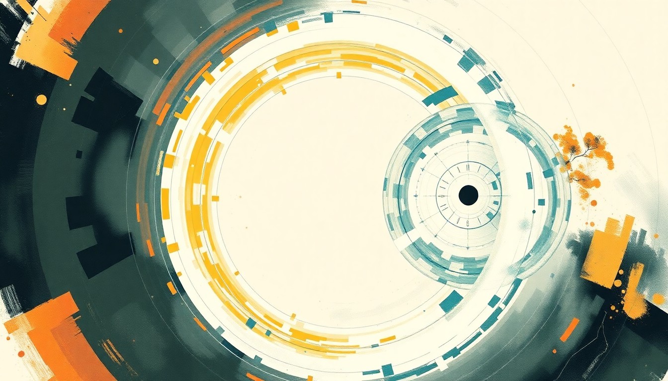 A highly structured abstract painting in soft blues, greens, and grays, featuring sweeping geometric arcs, concentric circles, and precise botanical spirals, conceptually representing the complex forces and concepts of nuclear power.