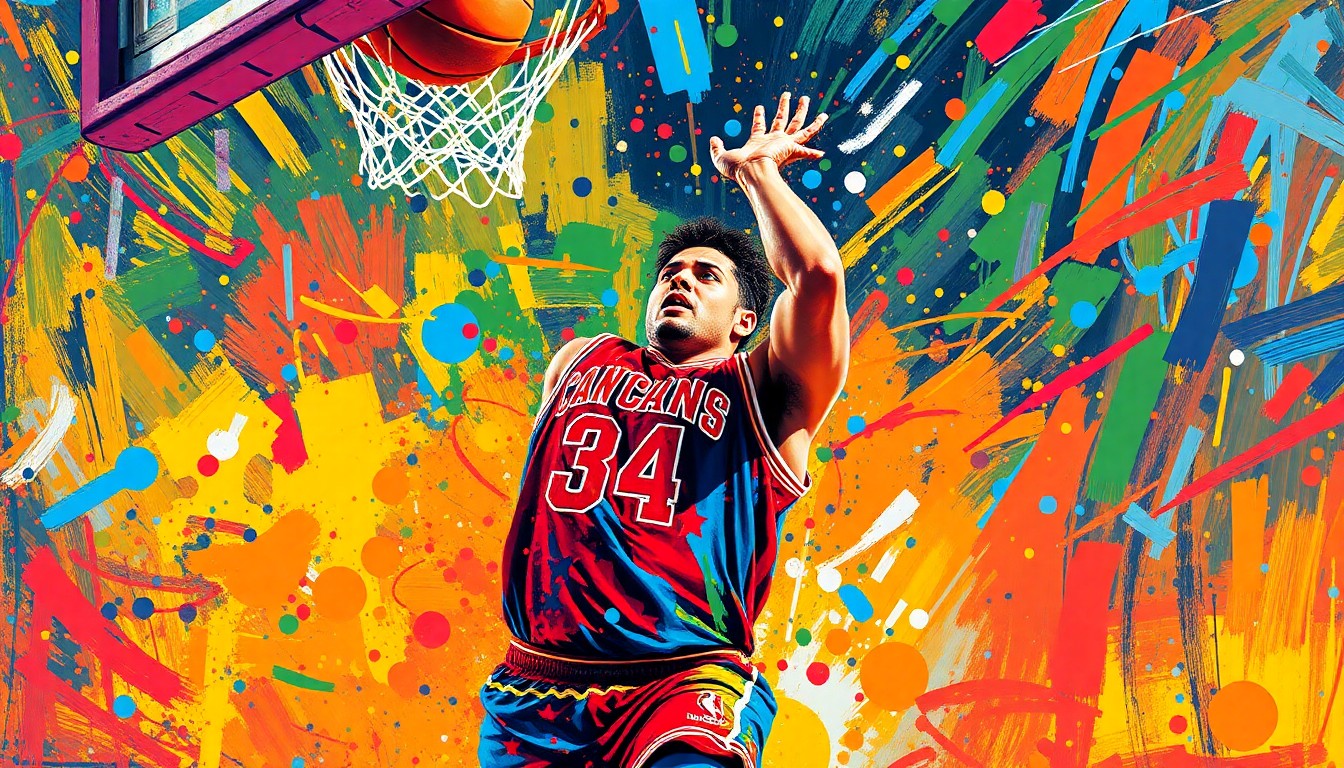 A dynamic, abstract painting in neon colors depicting the fluid motion and raw athleticism of a basketball player driving to the hoop, their face and jersey blurred into energetic brushstrokes.